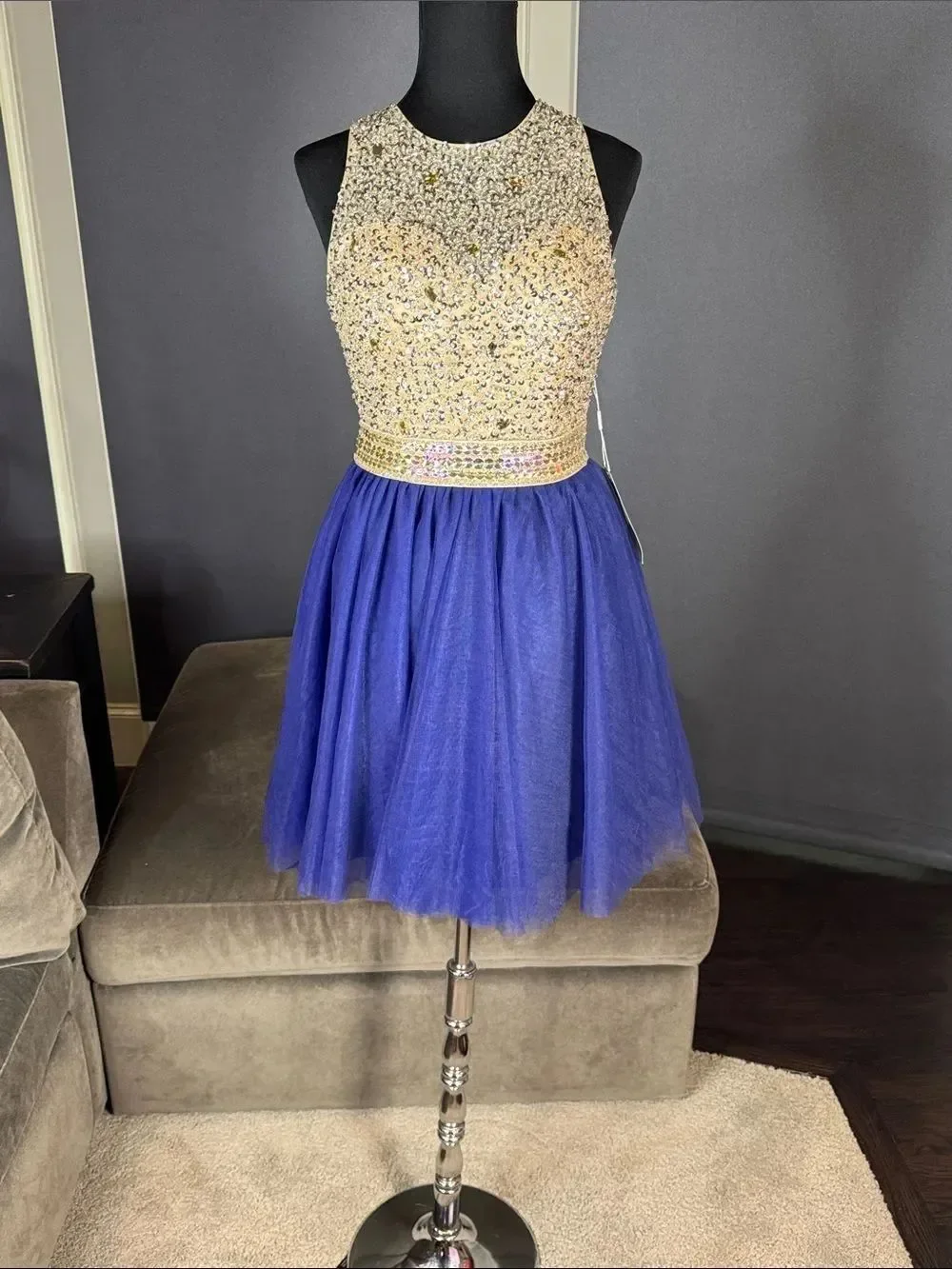 Women’s Embellished Sequin Beaded Bodice Royal Blue Tulle Party Dress Size 2 NWT